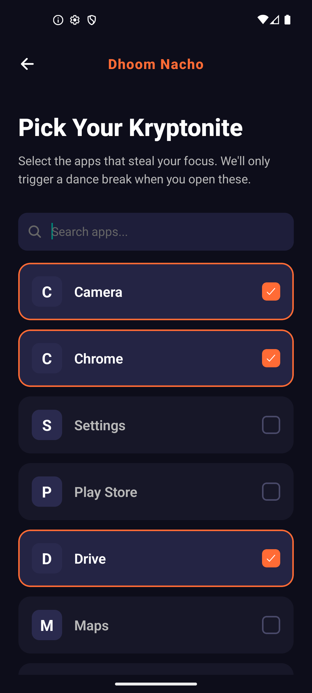 Pick Your Kryptonite — select apps that trigger a dance break