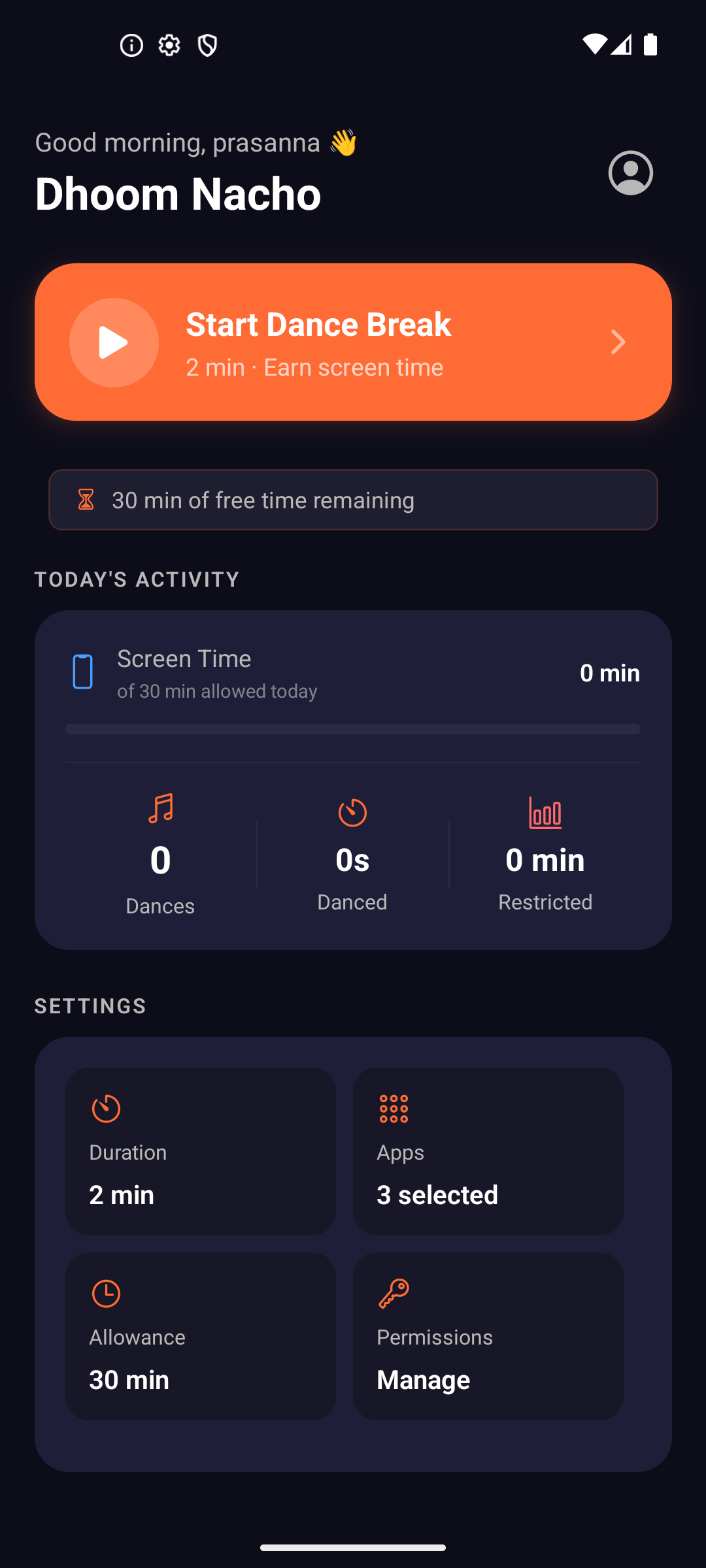 Home Dashboard — Today's Activity, Start Dance Break, quick settings